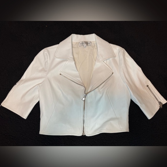 White cropped genuine Leather moto jacket - Picture 6 of 15